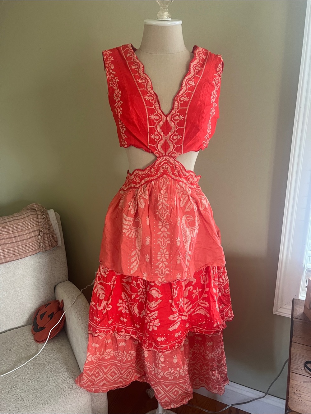 FARM Rio Anthropologie Coral and Red Cutout Tiered Embroidered Maxi Dress Small